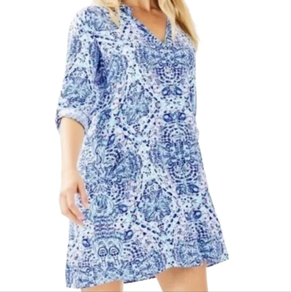 Lilly Pulitzer Lilith Tunic Button Dress In Blue And Aqua Pattern Size XL - Picture 1 of 12